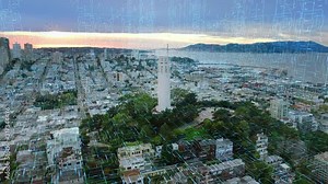 Aerial view of San Francisco skyline with circuit boards. Coit tower. California, United States. Internet of Things. Shot from helicopter.
