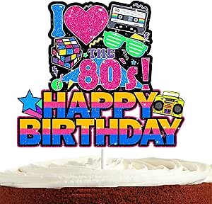 90s 80s Cake Topper for Men Women Happy Birthday 1980 1990 Party Supplies Throwback 1980s Party Decorations Glitter Neon Back to 1990s Cake Decorations