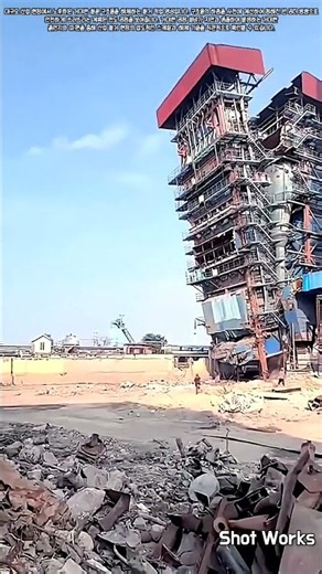 대형 철골 구조물을 정해진 방향으로 안전하게 전도시켜 철거하는 방법 #worker #process #demolition #industrial #structure