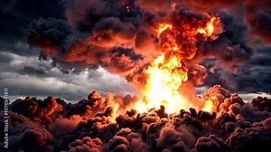 A powerful explosion erupts, releasing smoke and fire into a massive mushroom cloud.