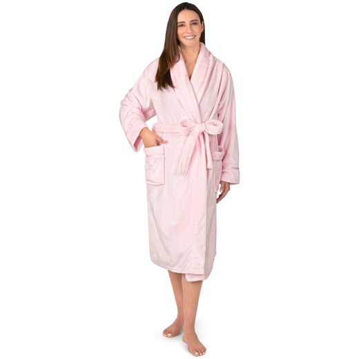 PAVILIA Robes For Women, Fleece Soft Fluffy Bathrobe, Plush Cozy Long Spa Robe, Satin Trim (L/XL, Pink)