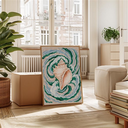 Nautical Living Room Poster | Boho Wall Art Shell Waves | Aqua Beige Illustrative Nautical | Relaxed Decor for Dining Room, Hallway, Bedroom - Etsy
