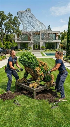 Billionaire's Giant Topiary Frog: Extreme Landscaping by 2 Strong Women (Pure ASMR) #short #frog