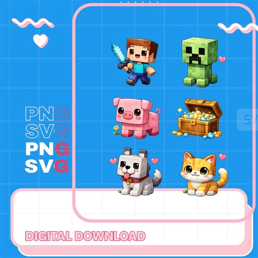 Minecraft PNG, Minecraft Character PNG Bundle, Cute Gamer Clipart Set With Steve Creeper Pig Wolf Cat Treasure Chest, Digital Download - Etsy UK