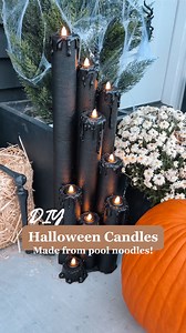 DIY Halloween Candles made from pool noodles! 🕯️💀 One of my favorite DIY’s ever!! I’m obsessed with the way this turned out and it’s so stinkin’ easy! I got everything I used from the Dollar Tree! #halloweendiy #halloweeninspo #diyhalloween #diydecoration #decoratewithme | More Clothes Than Sense