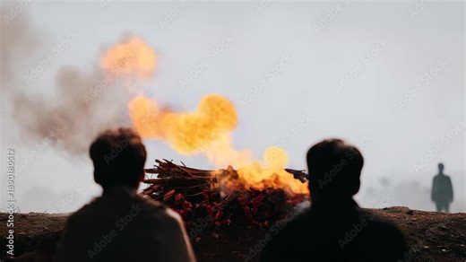 Hyper realistic, high quality, faceless mourners, cremation, wide open space, emotional restraint, minimal composition, subdued color grading, somber atmosphere, distant figures, 4K