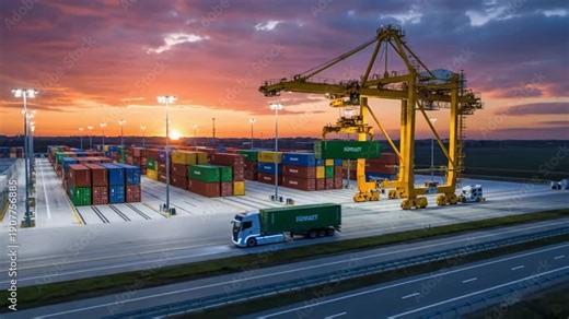 A vibrant sunset over a bustling intermodal container terminal with a gantry crane loading a truck amidst rows of stacked shipping containers.