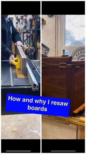 I love making my Jefferson Bookstands and resawing the boards makes a huge difference to the finished look! My Maksiwa table saw is a huge part of this because it handles resawing these boards easily. I set a distance between the blade and the fence that I want to cut and start off at about 1.5” up for the first cut and then flip the board after the first cut. Raise the blade and do that again until you cut through the piece - for a 6” wide piece I will take 3 cuts on each side. #tools #tablesaw