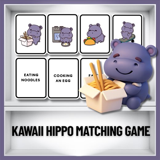 Kawaii Hippo Matching Card Game Printable Early Learning Word Picture Match Activity for Kids - Etsy