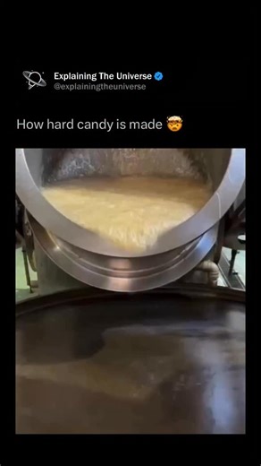 Explaining The Universe on Instagram: "Hard candy is made by heating sugar, water, and sometimes corn syrup to a very high temperature—usually around 150°C (300°F)—until the mixture becomes a clear, thick liquid known as the “hard crack” stage. Flavorings, colorings, or acids like citric acid are added once the syrup is hot and fully dissolved. The molten candy is then poured onto cooling tables or into molds, where it rapidly solidifies into a glossy, glass-like texture. Because almost all the 
