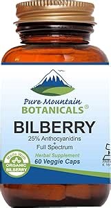 Pure Mountain Botanicals Bilberry Extract Supplement Vegan Kosher Capsules with 250mg Organic Bilberry Leaf & 50mg Potent Extract of Billberries