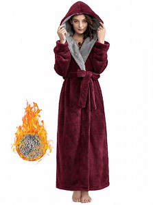Robes for Women, LOFIR Full-Length Womens Robes, Soft Fleece Hooded Womens Bathrobes, Plush Long Bath Robe with Side Pocket, Winter Warm Pajamas Gift for Women (M, Wine Red)