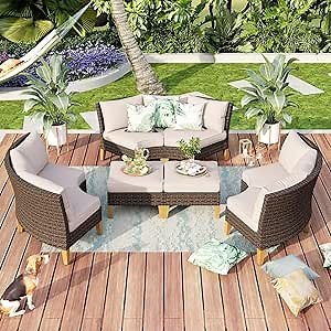 MFSTUDIO 8 Pieces Wicker Patio Furniture Set, All-Weather Rattan Outdoor Conversation Half-Moon Curved Sectional Sofa Set for Garden, Backyard, 3 x Curved Sofa, 2 x Ottomans