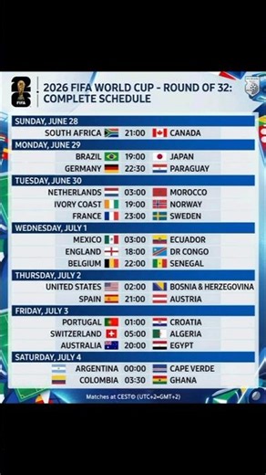 Round of 32 Matches - 2026 FIFA World Cup All times are in CEST (UTC+2) ✅