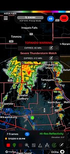 Northern Ontario: TORNADO WARNING At 6:04 p.m. EDT, Environment Canada meteorologists are tracking an area of severe thunderstorms that is possibly producing a tornado. Damaging winds, large hail and locally intense rainfall are also possible. A severe thunderstorm capable of producing a tornado is located 8 kilometres west of Banks Lake, moving northeast at 45 km/h. Hazard: Tornado and 110 km/h wind gusts. Locations impacted include: Makobe-Grays River Provincial Park, Alexander Lake, Elk Lake,