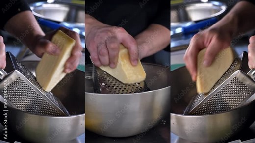 Chef grates Parmesan cheese on a steel grater to prepare pasta. close-up. collage, multiscreen