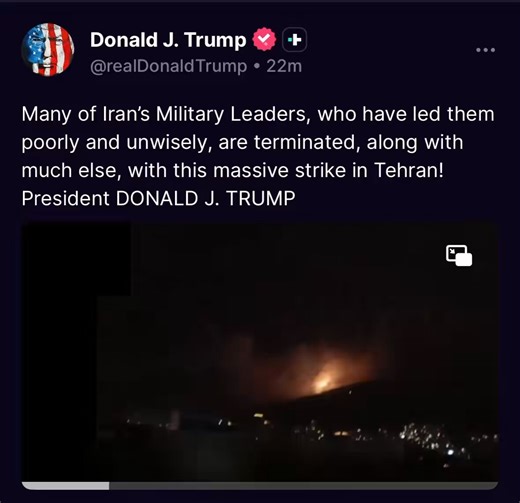 President Trump:“Many of Iran’s Military Leaders, who have led them poorly and unwisely, are terminated, along with much else, with this massive strike in Tehran!”It’s pretty telling that while Trump was ordering a massive military strike, the left was busy spreading lies that he was at Walter Reed.Talk about disgusting behavior.