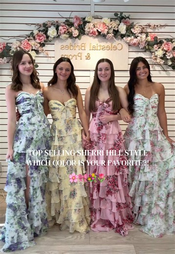 We are LOVING all of the beautiful floral prints this year 🌸💐🎀🍃🌷 There are SO MANY unique patterns in stock now! Shop this week with us 🤍 #celestialbridesandprom #prom #prom2026 #sherrihill #floraldress