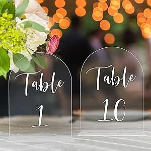 JOYIT Arch Wedding Table Numbers 1-10 with Stands – 5" X 7" Acrylic Table Signs with Clear Background White Text, Perfect Acrylic Table Numbers for Wedding Receptions, Parties, Anniversaries, and Events