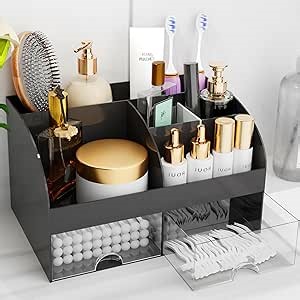 Makeup Organizer with Drawers, Cosmetic Storage for Dresser Vanity and Bathroom Countertop, Beauty Holder for Lipstick Brush, Skincare Organizer for Vanity, Cosmetic Display Case (Black)