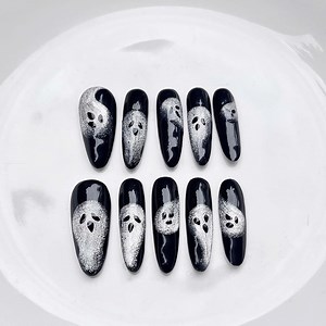 Halloween Ghost Press on Nails – Black and Silver Glitter Nails | Spooky Nail Art | Reusable False Nails | Handmade Halloween Nails - Etsy