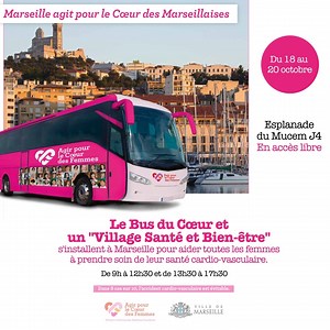 ❤️ Du 18 au 20 octobre, le bus du Cœur et un "Village Santé et Bien-être" s'installent à Marseille pour aider toutes les femmes à prendre soin de leur santé cardio-vasculaire ! ⏰ Rendez-vous de 9h à 12h30 et de 13h30 à 17h30 📍 Esplanade du Mucem J4 🙌 Accès libre Pour en savoir plus, c'est par ici : https://bit.ly/3LO2Gi8 | Ville de Marseille