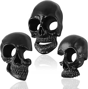 Shelving Solution Skull Wall Decor Set of 3, Halloween Hanging Dark Resin Skeleton Statues, Wall Mounted Horror Skulls Art Sculpture Spooky Gift, Indoor Outdoor Gothic Black Office Living Room Decor