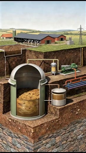 This diagram explains how a biodigester works by converting livestock waste into renewable energy and organic fertilizer. Manure from the farm is fed into an anaerobic digester, where bacteria break down organic matter in the absence of oxygen, producing biogas rich in methane. The biogas is then purified and used to power a generator that produces electricity and usable heat, while the remaining digestate is stored and later applied as a nutrient-rich organic fertilizer. This integrated system 