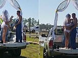 Groom in overalls weds bikini-clad bride on back of pick-up truck
