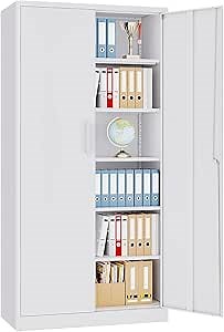 Metal Storage Cabinet with Lock,Tall White File Cabinet with 2 Doors and 5 Adjustable Shelves,Steel Storage Cabinets for Garage,Home Office,Pantry,School,Hospital