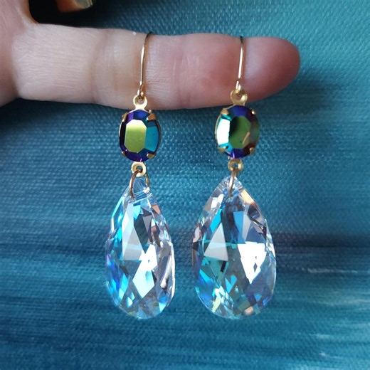 Large Swarovski Crystal Dangle 55mm Drop Earrings, Vintage 8721 Blue AB, 14k Gold Filled - Etsy