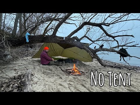 Winter Camping on a Beach with No Tent | Tarp Camping with my dog | Morning Rain