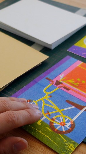 Kelly Belter on Instagram: "Cute bike notebooks in the studio today💓📝 And testing out this red padding compound to make some sample memos. After this test, I’m feeling good about making some proper notebooks soon. Will be printing some special interior pages, putting together a slip cover design, and fine tuning the binding for the final product. The end goal is to make the perfect throw-in-your-bag and go notebook for jotting a note anywhere you are! #printisnotdead #printmaker #risography #b