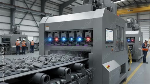 Medium shot of an optical automated ore sorter analyzing minerals with advanced camera sensors for precise and rapid separation in a modern mining facility.