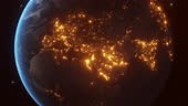 Glowing bright night lights of european cities turn off and dim...