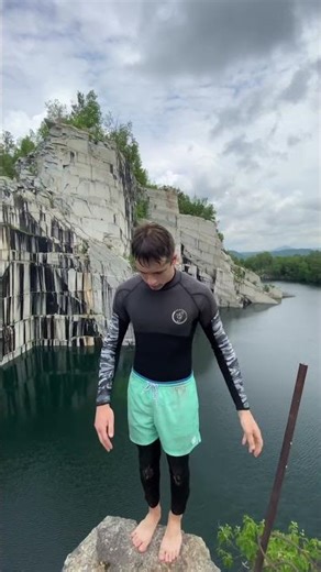 HUGE double layout from this insane quarry 🤯🔥 #amazing #waterfall #smalljump #jumping #nature#hiking