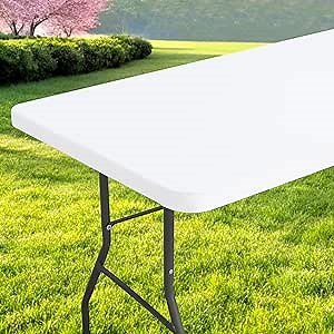 Rectangle Table Cloth, Waterproof Elastic Fitted Tablecloth for 8 Foot Folding Tables, Washable Polyester Tablecloths for Picnic, Camping, Outdoor (White, 30"x96")