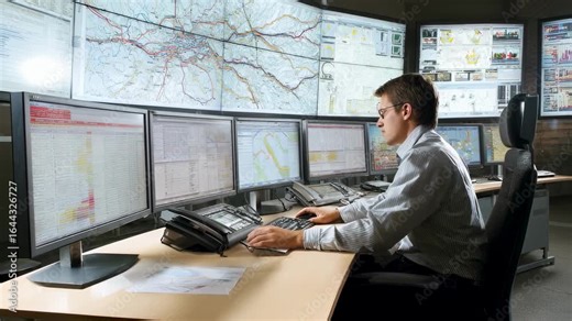 Detailed scene of a logistics operations room with a coordinator multitasking monitoring shipment progress on complex dashboards referencing large wall maps and organizing critical