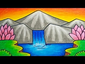 How To Draw Nature Scenery Beautiful Mountain And Waterfall Step By Step |Drawing Nature Scenery