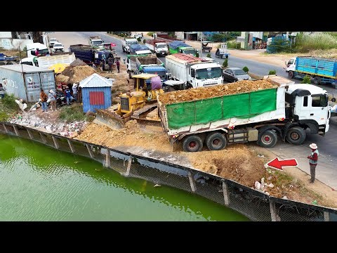 Awesome! Be Watchful Processing Landfill Huge Size By Dump Truck 25.5Ton Unload with Dozer Push Soil