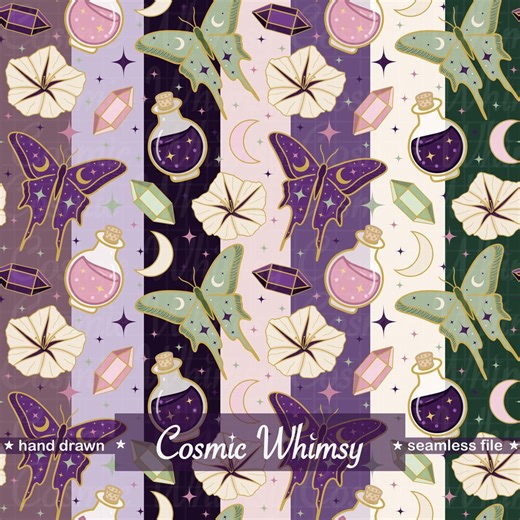 Luna Moth Celestial Seamless Pattern Bundle of 7 Hand Drawn Midnight Apothecary Crystal Potion Floral Witchy Digital Paper Surface Design - Etsy