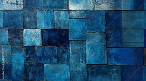 A close-up of a wall made of blue tiles with various shades and textures