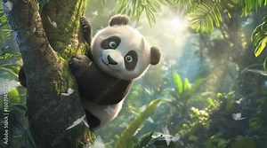 a panda climbing a tree. Virtual 4K video animation background with looping time lapse with very smooth graphics.