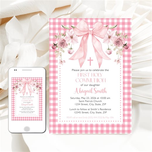 First Communion Invitation Girl, Printable Template, Pink Coquette Bow Invite, Watercolor Flowers, Digital Download - Etsy