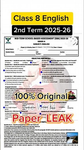 Class 8 English Paper 2nd term 2025 8th Class English ka paper class 8 paper English mid term 2025