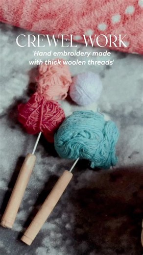 ARTISAN ÉLITE on Instagram: "Crewel work is a traditional Kashmiri embroidery style made using thick woolen threads on cotton, velvet, or linen fabric. Unlike fine needlework like Aari or Sozni, Crewel embroidery is known for its bold, raised, and textured look. The wool threads create depth and dimension, making the designs feel almost three-dimensional. Artisans use a special long needle to stitch floral motifs, vines, paisleys, chinar leaves, birds, and Mughal-inspired patterns. Each design t