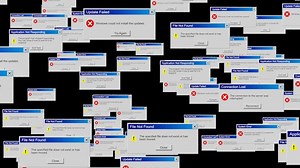 Download Loop Animation of Computer Windows with Error Messages Flying Toward the Camera on Transparent Background for free