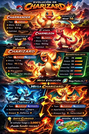 🔥 ¡Conoce la evolución de Charizard! 🔥 Desde su inicio como Charmander hasta su transformación en el imponente Mega Charizard, esta infografía lo tiene todo. 🐉 Descubre sus habilidades, tipos y secretos de cada evolución. 💥 #Charizard #Pokémon #EvoluciónPokémon #MegaCharizard #Charmander”