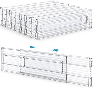 JONYJ Drawer Dividers Organizers 8 Pack, Adjustable Separators 3.2" High Expandable from 11"-19", Clear Plastic Drawer Organizers for Clothing, Kitchen, Bedroom, Closet, Kitchen Storage
