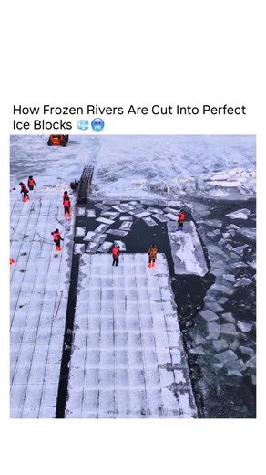 Exploring Technology on Instagram: "During extreme winter temperatures, thick layers of river ice are carefully transformed into uniform blocks using a precise, step-by-step process. First, the frozen surface is measured and cut into a grid pattern to ensure every block is the same size. Workers then use long metal tools to separate each section and guide the heavy ice slabs through narrow water channels. Simple conveyor systems lift the blocks out of the river, where they are transported for la